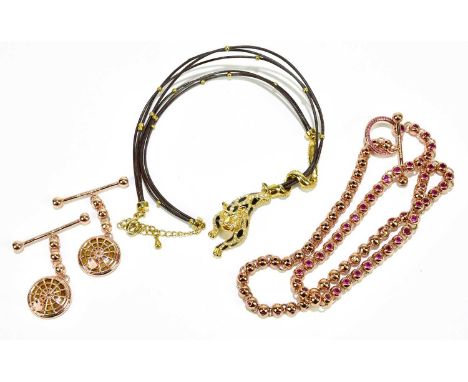 EDDIE BORGO; a set of rose gold tone and pink crystal bead necklace and matching pierced drop earrings and an unusual vintage