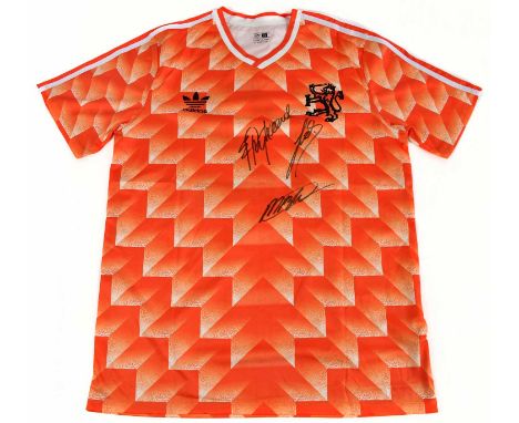 NETHERLANDS; a 1988 replica shirt, signed to the front by Rijkaard, Gullet and Van Basten, size XL.Condition Report: Creasing