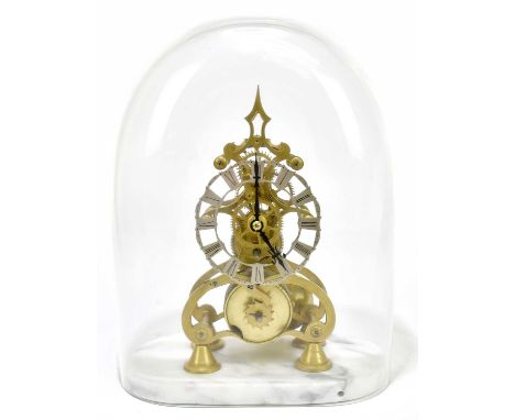 An early 20th century brass skeleton clock with applied silvered chapter ring bearing Roman numerals, with fusee movement, on