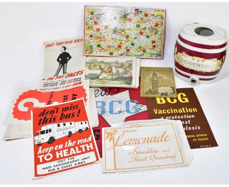  A Victorian ceramic barrel, inscribed 'Peppermint' in gilt, together with assorted ephemera to include vintage jigsaw puzzle