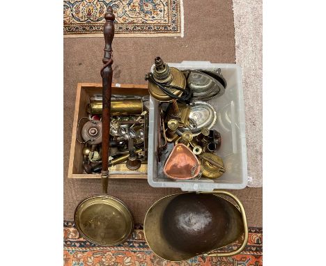 A large quantity of 19th century and later metalware, to include a copper hot water bottle, a brass oil lamp (converted to el