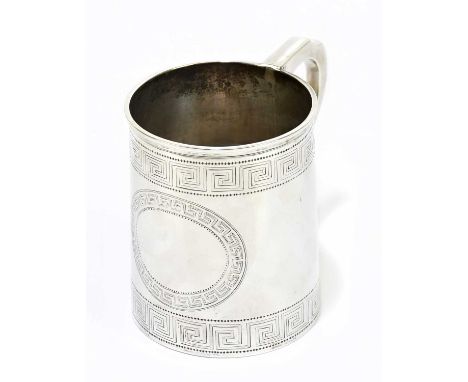 WILLIAM EVANS; a Victorian hallmarked silver mug with bright cut Greek key banding and surrounding an oval vacant cartouche, 