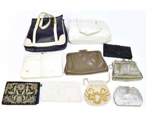 Ten vintage 1950s to 1980s handbags including Janelle bags by Jane Shilton, a Hamilton navy blue leather handbag trimmed with