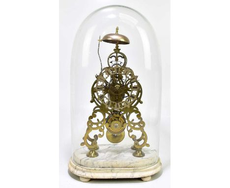 A late Victorian brass skeleton clock, the applied silver chapter ring bearing Roman numerals, with fusee movement, on an ova
