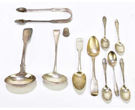 WILLIAM WOODMAN; a pair of George IV hallmarked silver teaspoons, with engraved intials 'AMR', Exeter 1829, together with a G