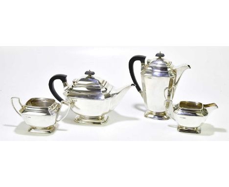 FRANK COBB &amp; CO; a George V hallmarked silver four piece tea service with Art Deco panelled decoration, Sheffield 1933, a