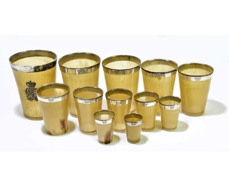 HENRY WILLIAM DEE; a rare set of twelve Victorian hallmarked silver mounted horn graduated stacking cups retailed by Jenner &