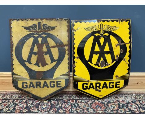 Two vintage AA garage shield shaped enamel signs, 80 x 56cm (2).