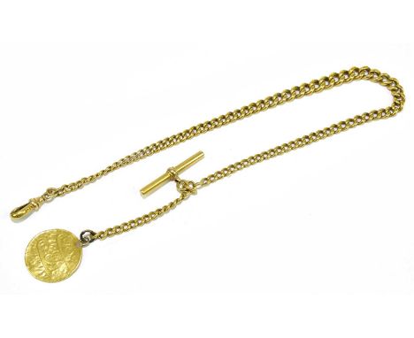 An 18ct yellow gold graduated Albert chain with T-bar and sprung clasp, suspending a yellow metal Arabic coin, length 41cm, c