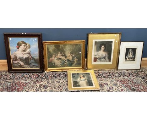 Five 19th century prints, including a pencil signed example by Ellen Howell of a portrait of a maiden with flowing hair, 44 x