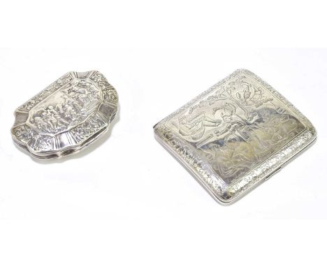 A late 18th century white metal shell moulded snuff box with figurative detail, unmarked, length 7.5cm, and an unusual Contin