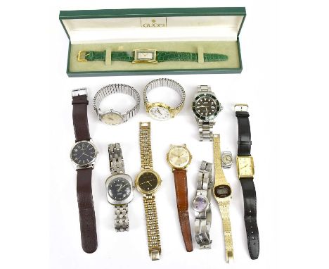 A small collection of fashion watches to include Gucci, Roma, Pierre Cardin, Loreo, Timex, etc.