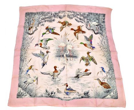 HERMÈS; a pink vintage 100% silk 'Halte en Camargue' scarf by Robert Dallet in 1998, 90 x 90cm.Condition Report: The scarf ha
