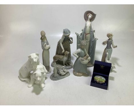 LLADRO; two boxed figures to include a figure beside a duck, together with four Nao figures, a Royal Doulton model, HN3534 'P