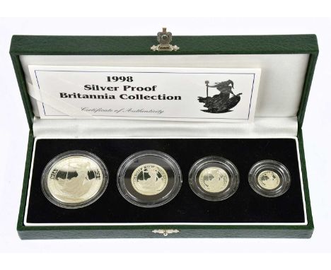 A cased 1998 silver proof Britannia collection four coin set, encapsulated, with certificate of authenticity.