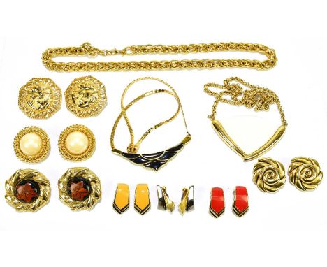 MONET; three 1980s vintage gold chunky necklaces and seven pairs of vintage 1980s clip on earrings including Taratata, Anne G