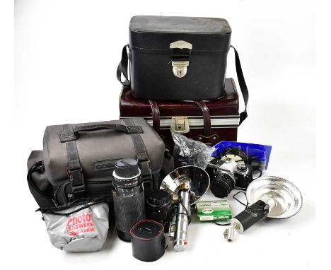 A collection of assorted cameras and accessories to include a Pentax ME Super camera body and various lenses, a Kiron Skyligh