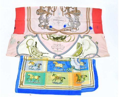 HERMÈS; a 100% silk vintage Springs twill scarf, designed by Philippe Ledoux, in rose pink, grey and gold, with a rolled edge