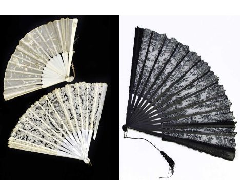 Three vintage fans contained within two fan boxes with bone, shell, and ebonised sticks (3) 