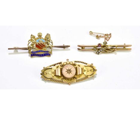 Three 9ct yellow gold brooches, one enamel decorated with the Manchester crest, combined approx. 9.8g (3)