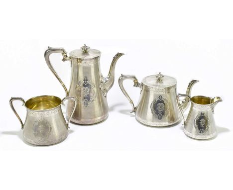 EDWARD, EDWARD JR, JOHN &amp; WILLIAM BARNARD; a Victorian hallmarked silver four piece tea service, with engine turned decor