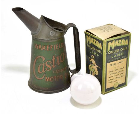 WAKEFIELD; a Castrol motor oil advertising oil can, height 23cm, together with an advertising Mazda coil lamp bulb with packa