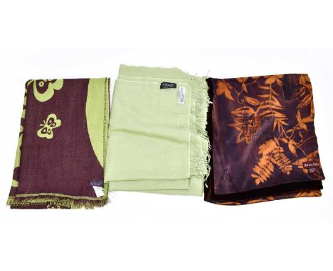 PAUL SMITH; a wool and silk brown and green scarf with floral design and frayed ends, 160 x 50cm, a Tittolio light green cash