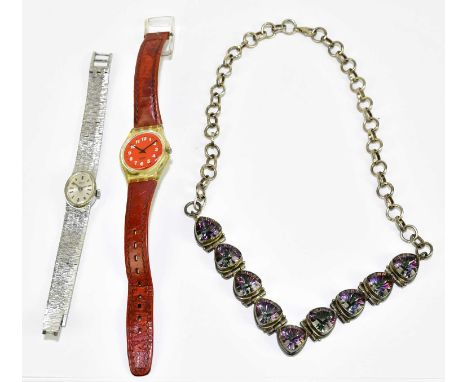 SWATCH; a vintage wristwatch, the red dial set with Arabic numerals, together with a lady's Marvin wristwatch and a sterling 