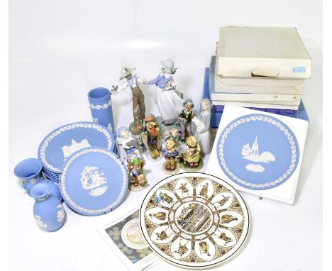 A collection of assorted ceramics and figures to include four Goebel examples, Wedgwood jasperware, collectors' plates, etc.
