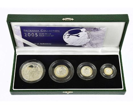 A cased Britannia collection 2005 silver proof four coin set, encapsulated, with certificate. 