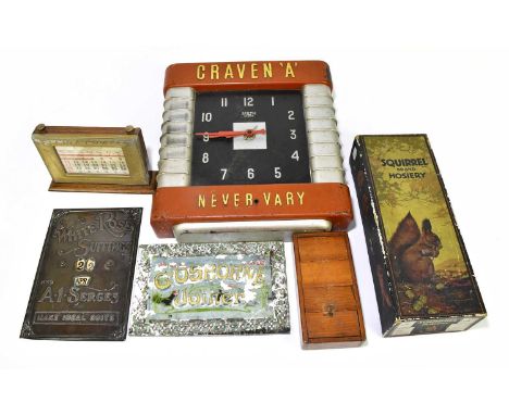 A Smith's clock 'Craven A, Never Vary', together with two perpetual calendars, a button box, a glass sign 'G. Osbourne Joiner