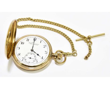 H. SAMUEL, MANCHESTER; a 9ct gold hunter cased crown wind pocket watch, with white enamel set with Arabic numerals and subsid