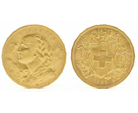 A Swiss Helvetia 20 franc gold coin, 1922, approx weight 6.5g.