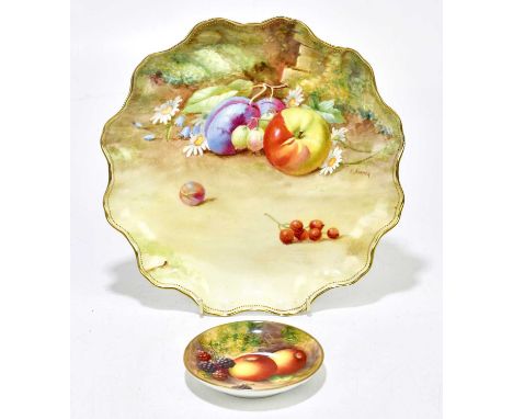 EDWARD TOWNSEND FOR ROYAL WORCESTER; a circular pin dish hand painted with fruit, signed, diameter 9cm, together with a Royal