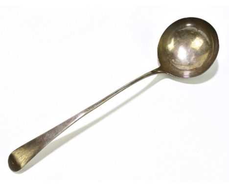 GEORGE GREY; a George III hallmarked silver soup ladle in the Fiddle pattern, London 1787, approx weight 4.4ozt/136g.