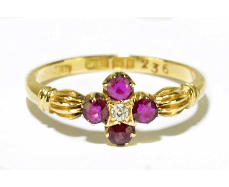 An 18ct yellow gold ruby and diamond ring, size L, approx. 2.2g.Condition Report: Several of the claw tips are worn away and 