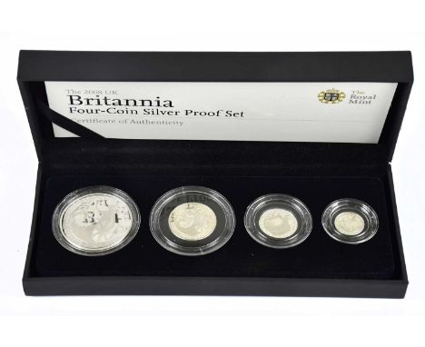 A cased 2008 Britannia four coin silver proof set, encapsulated with certificate of authenticity.