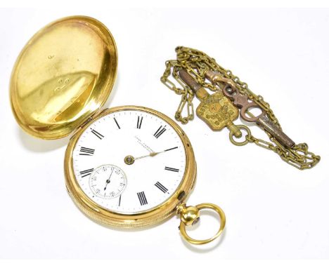 A Victorian 18ct yellow gold key wind full hunter pocket watch, the white enamel dial set with Roman numerals and subsidiary 