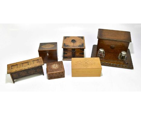 A collection of Georgian and later treen to include a Georgian inlaid mahogany tea caddy with shell inlaid top, a miniature c
