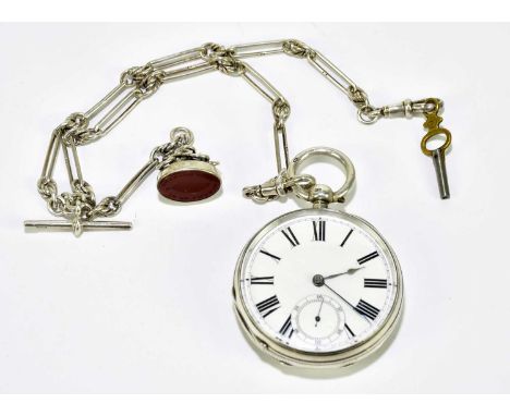 A Victorian key wind open faced pocket watch, the enamel dial set with Roman numerals and subsidiary seconds dial, the case m