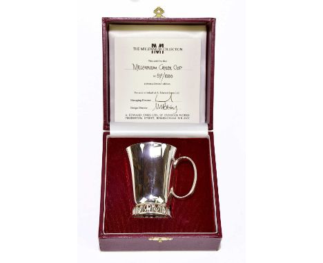 A.E JONES; an Elizabeth II hallmarked silver millennium cup, with pierced foot, numbered 57-100, Birmingham 2000, approx weig