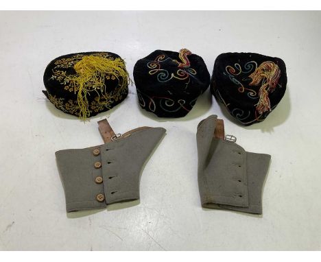 Three vintage smoking hats to include examples with needlework floral decoration together with a pair of spats (5).