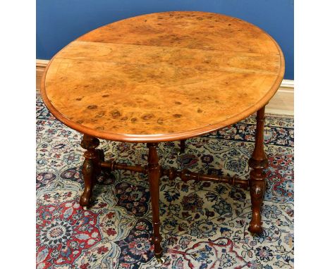 A Victorian burr walnut oval Sutherland table, height 73cm, width 93cm, depth 22cm.Condition Report: Light surface wear, fadi