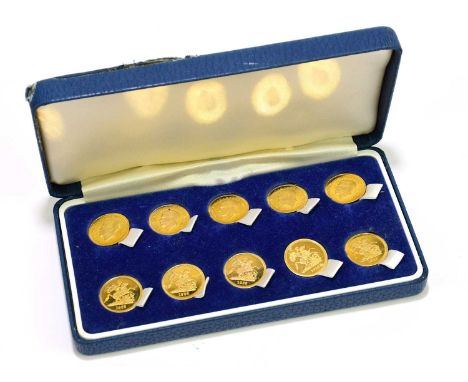 A collection of ten King Edward VIII 9ct gold 'half sovereign' style commemorative coins / medals , dated 1936 to the coin bu