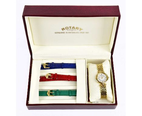 ROTARY; a lady's quartz gold plated wristwatch, together with three spare straps, cased.