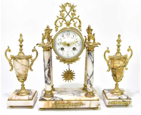 A late 19th century French marble and gilt metal three piece clock garniture, the clock with scrolling pediment above the ena