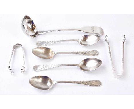 A small quantity of hallmarked silver to include a toddy ladle, two sugar tongs and four teaspoons, approx combined weight 4.