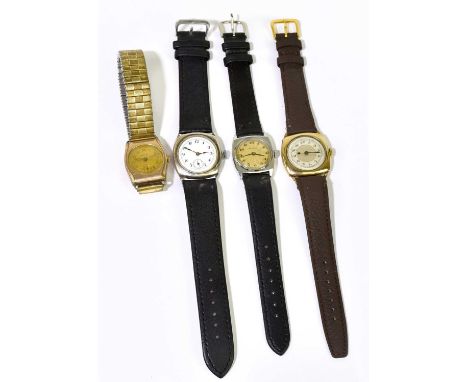 UNICORN; three gentleman's wristwatches to include a silver cased example, the enamel dial set with Arabic numerals and subsi