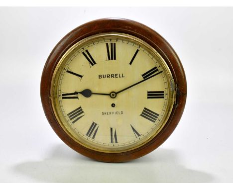 BURREL OF SHEFFIELD; an oak cased circular wall clock, with white enamelled face set with Roman numerals, 40cm.