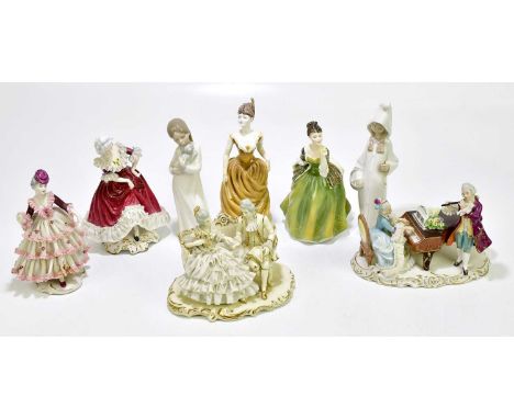 ROYAL DOULTON; a figure, HN2368 'Fleur', together with a Coalport figure, a Lladro figure, a Nao example and four Continental